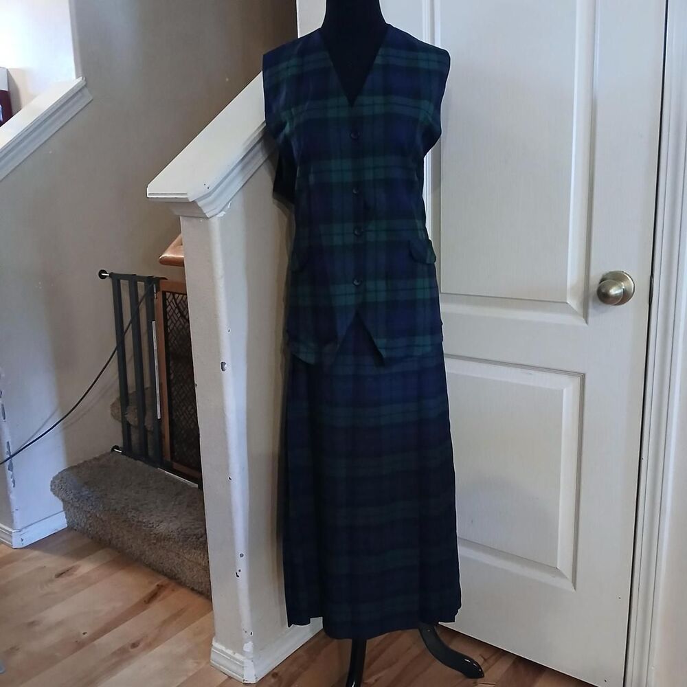 Vintage Navy & Green Tartan Plaid Two-Piece Vest & Midi Skirt Set Size UK 24/16